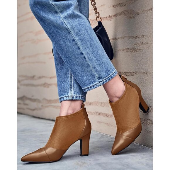 Women's Brown Dress Boots Pointed Toe Stiletto High Heel Splicing Booties - Picture 2 of 6
